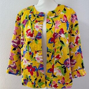 SILK CLUB Floral Open Jacket Yellow Multicolor Short Lined 3/4 sleeve women’s L